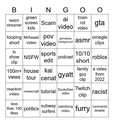 YouTube shorts Bingo Card