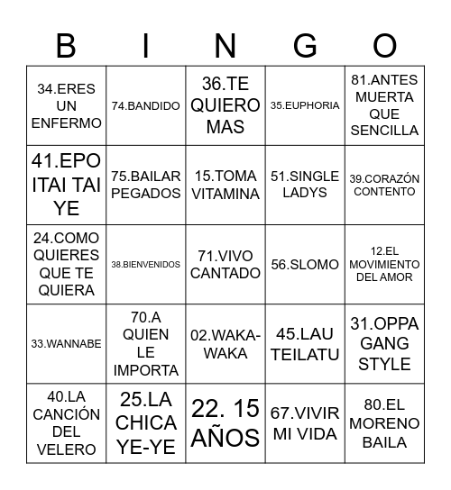 Boombay Star’s Bingo Card