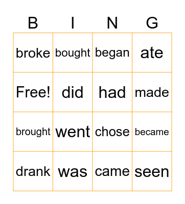 Irregular Verbs Bingo Card