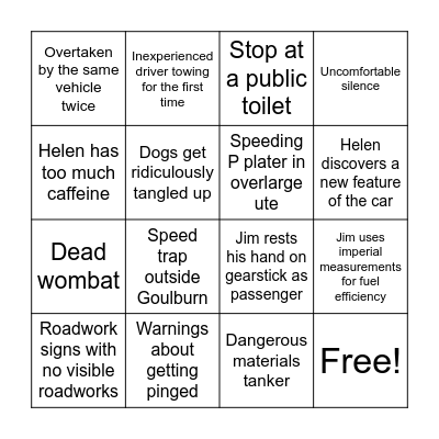 Road trip to Canberra Bingo Card