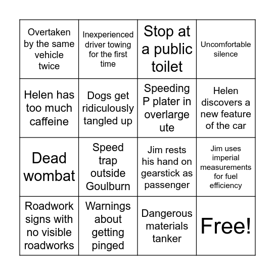 Road trip to Canberra Bingo Card