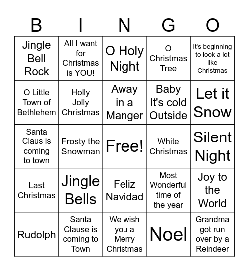 Christmas Song Bingo Card