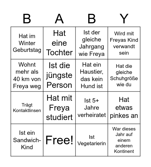 Freyas Babyparty Bingo Card