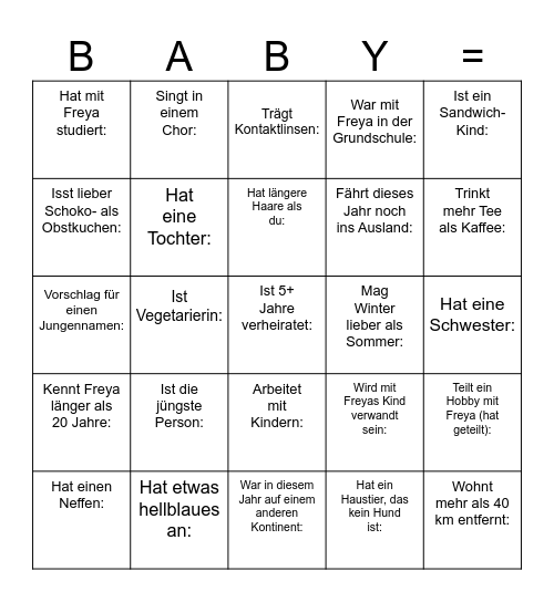 Freyas Babyparty Bingo Card