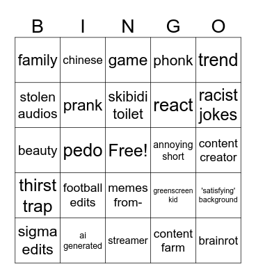 youtube shorts Bingo Card