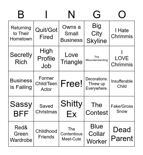 Cheesy Holiday Romance Movie Bingo Card