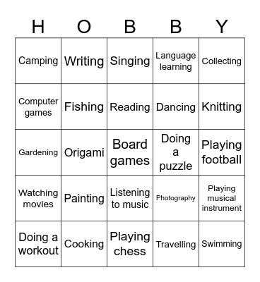 Hobbies Bingo Card