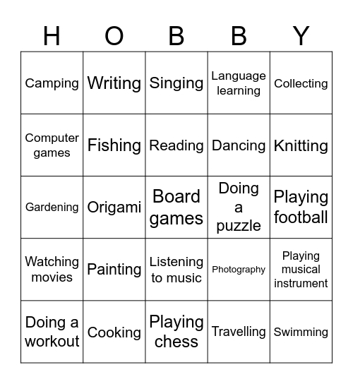 Hobbies Bingo Card