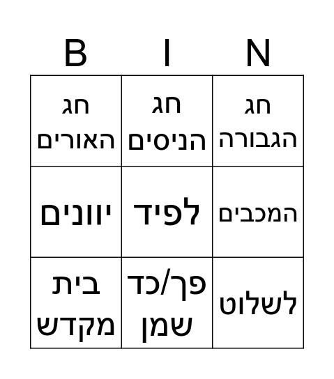 חנוכה Bingo Card