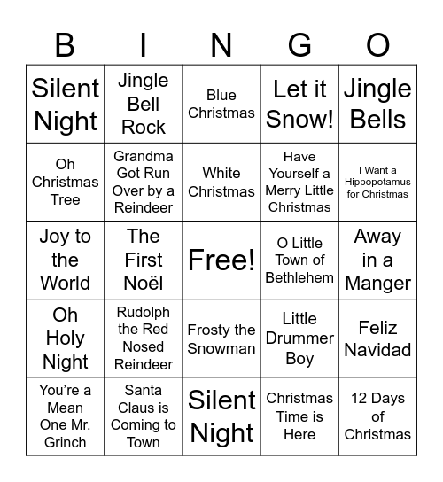 Christmas Song Bingo Card