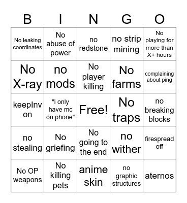 Silver Lions MC Server Rules Bingo Card