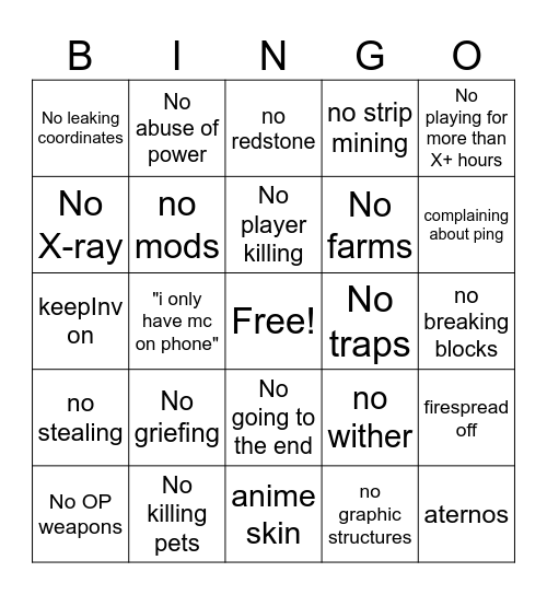 Silver Lions MC Server Rules Bingo Card