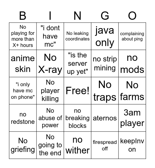 Silver Lions MC Server Rules Bingo Card