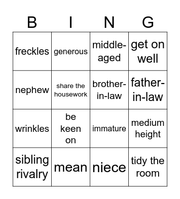 Vocabulary Revision Bingo Card