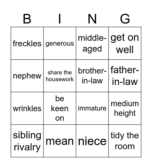 Vocabulary Revision Bingo Card