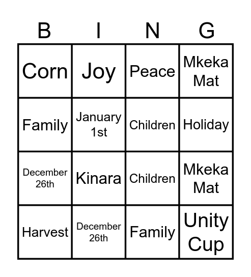 Kwanzaa Bingo Card