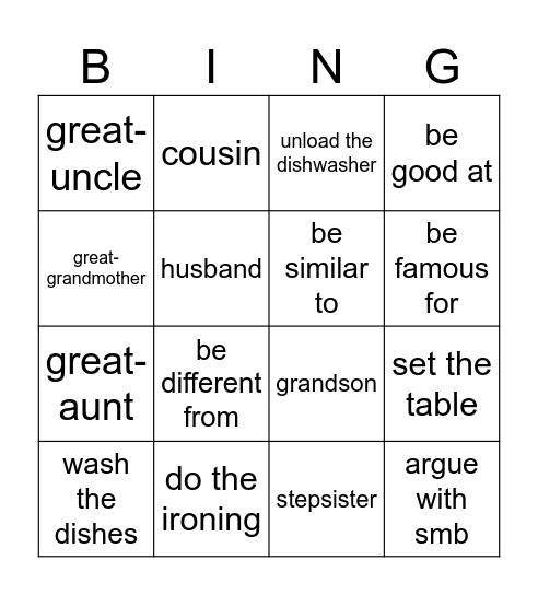 Vocabulary Revision Bingo Card