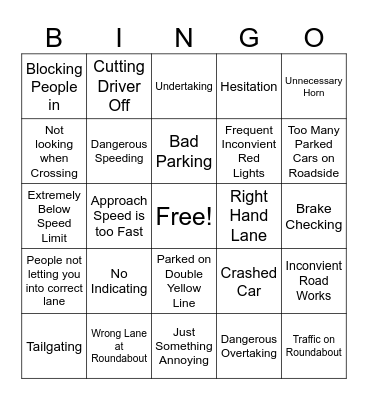 Bad Car Driver Bingo Card