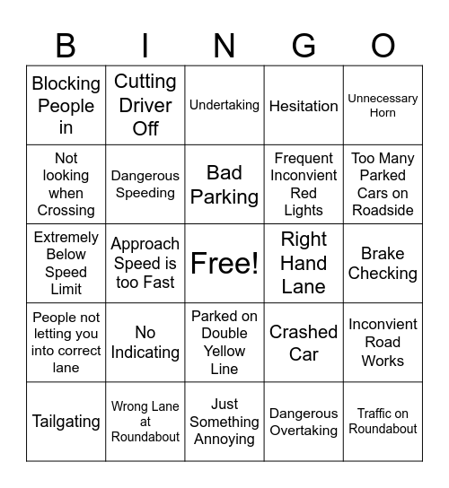 Bad Car Driver Bingo Card