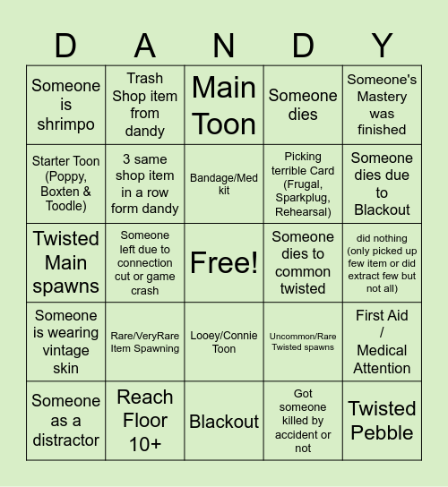 Dandy's World Run Bingo Card