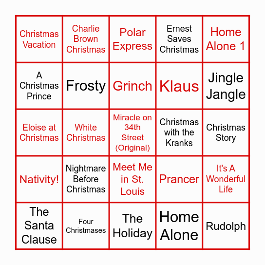 Favorite Christmas Movies - 2024 Bingo Card