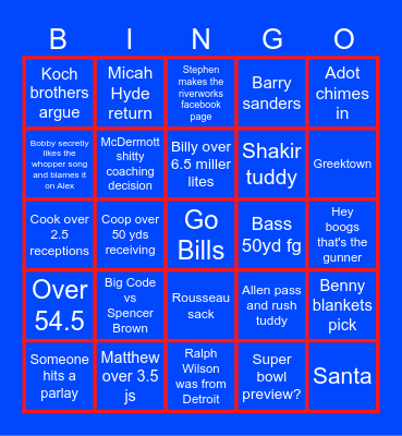 Bills vs Lions Bingo Card