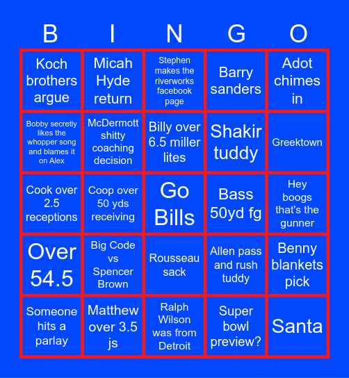Bills vs Lions Bingo Card