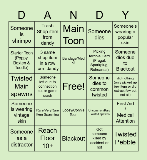 Dandy's World Run Bingo Card