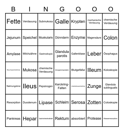 Verdauungs- Bingo Card