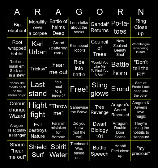 Lord Of The Bingo: Two Towers Bingo Card