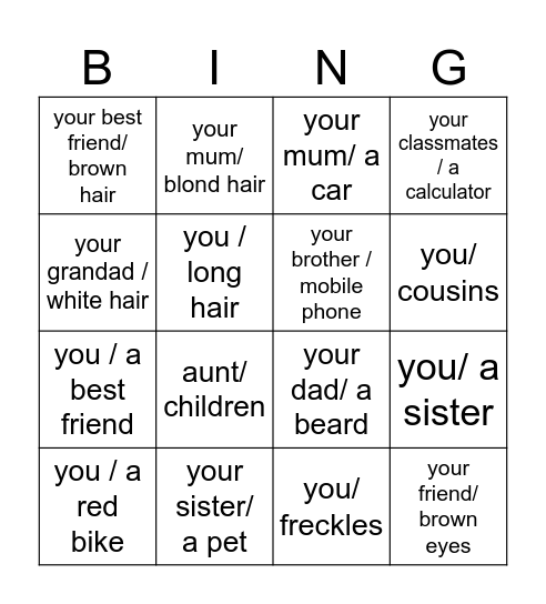 Have got/Has got questions Bingo Card