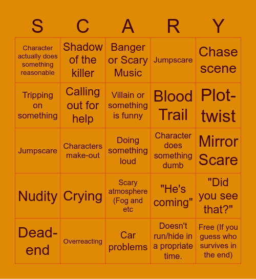 Horror Movie Bingo. Bingo Card