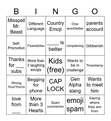 Kids On YouTube Bingo Card