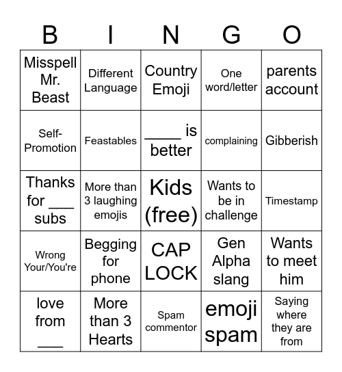 Kids On YouTube Bingo Card