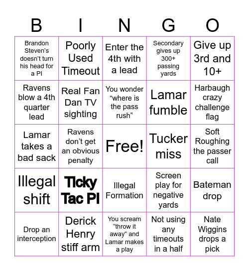 Ravens vs Giants Bingo Card