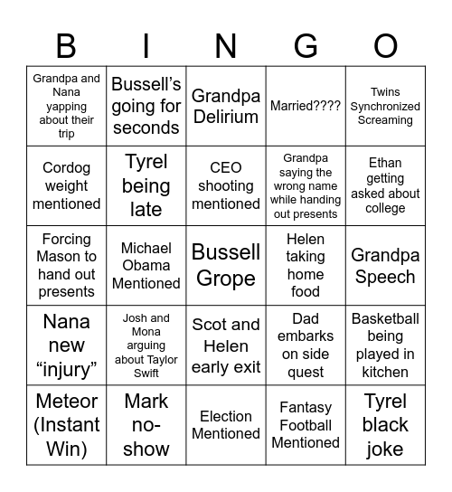 Christmas (Bussell’s Version) 2024 Bingo Card