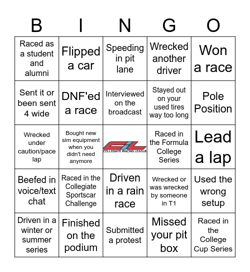 Collegiate iRacing League Bingo Card