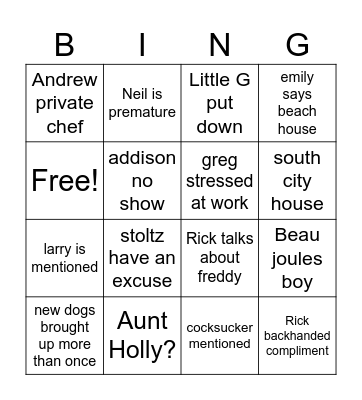 Stoltz Family Bingo Card