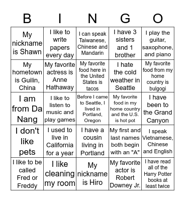 CB4: Getting to Know Your Classmates Bingo Card