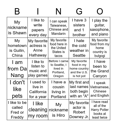 CB4: Getting to Know Your Classmates Bingo Card