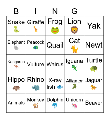 ABC Animals Bingo Card