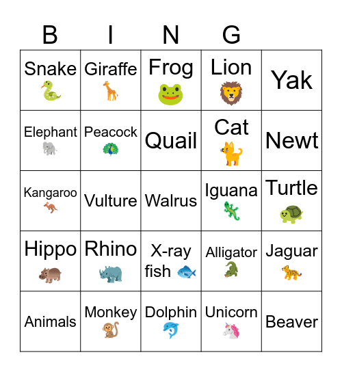 ABC Animals Bingo Card