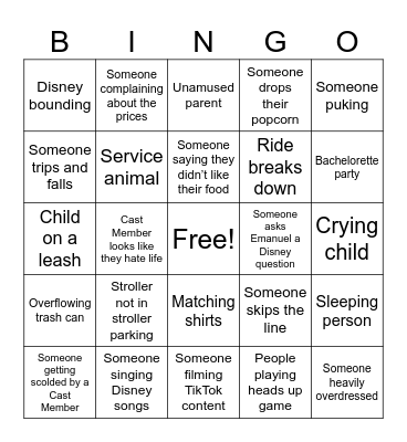 Disney World Bingo Card