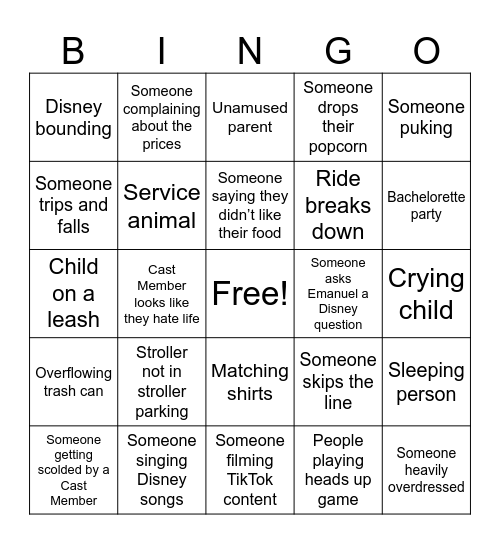 Disney World Bingo Card