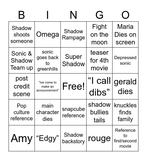 Sonic 3 Bingo Card