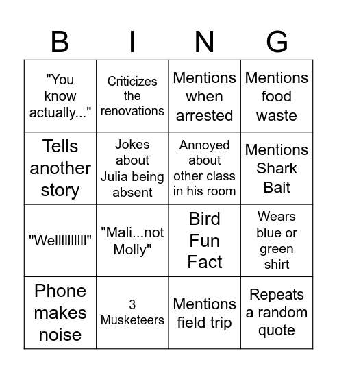 Mr. Showalter Bingo Card