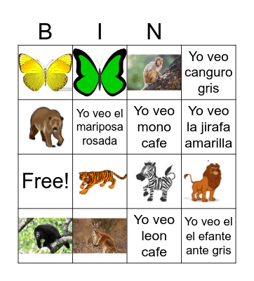 Los animales salvajes y colores Bingo Card