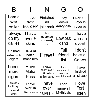 Idle Mafia Bingo 1 Bingo Card