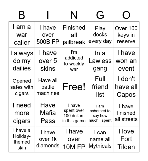 Idle Mafia Bingo 1 Bingo Card