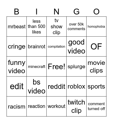 YT Shorts Bingo Card